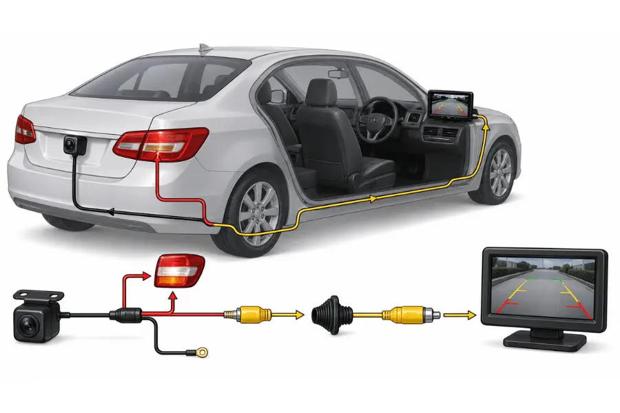 Reverse camera signal chain from rear camera to monitor Reverse camera signal chain from rear camera to monitor